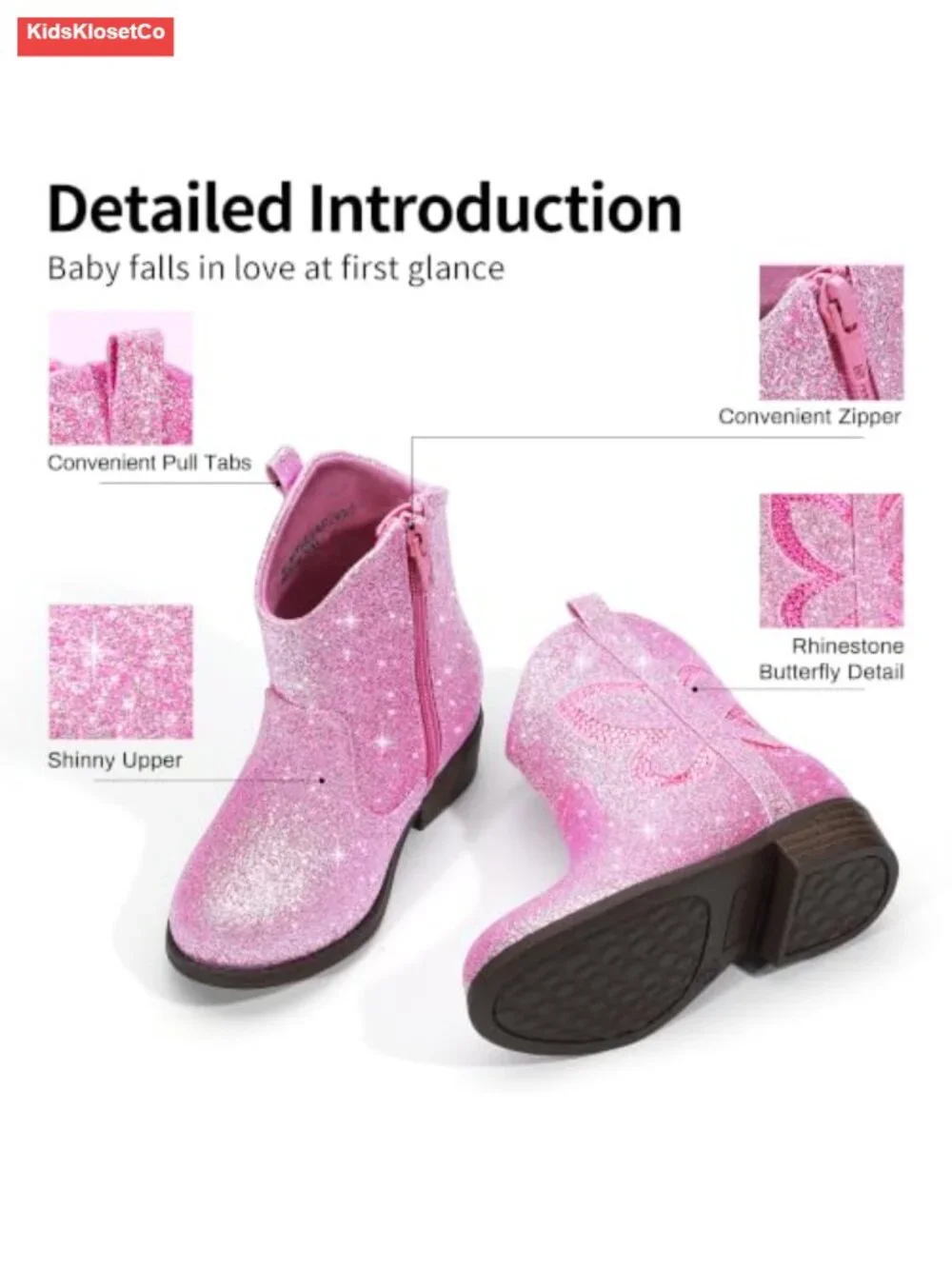 Toddler Girls Western Sparkle Ankle Boots with Side Zipper